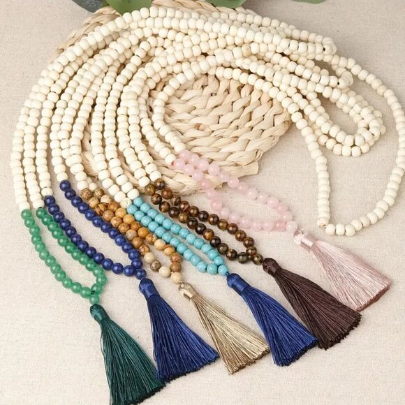 Handmade Boho Tassel Necklace with Wooden & Pink Stone Beads – 34” Long #1504 - Picture 5 of 9